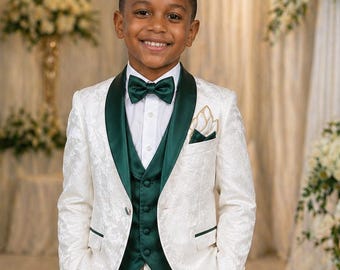 Traje de boda blanco para niño con chaleco verde esmeralda y pajarita – Conjunto de esmoquin formal para niños, traje para portador de anillos, traje para paje, traje de lujo para niños
