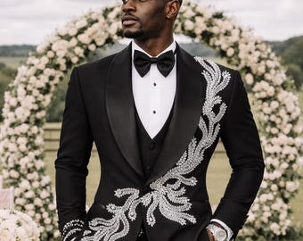 Black Embroidered Tuxedo, Floral Appliqué Blazer, Slim Fit Formal Suit