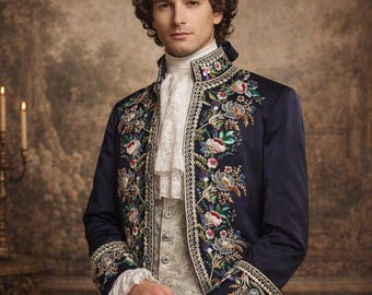 Baroque Embroidered Tailcoat, Victorian Prince Costume Jacket, Floral Wedding Groom Outfit