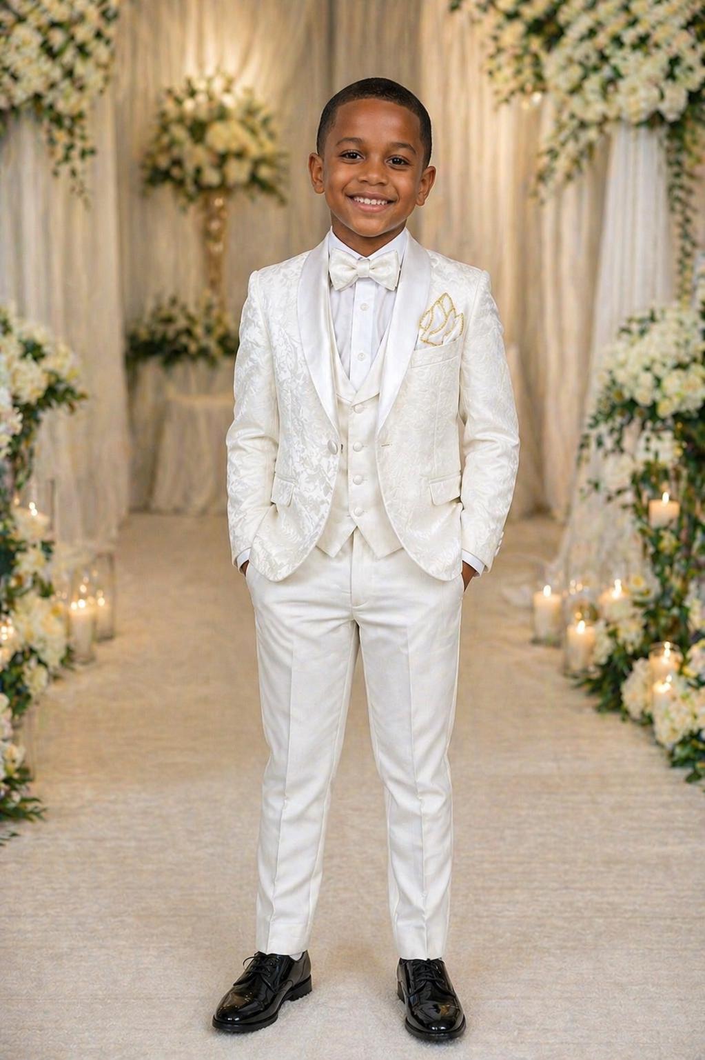 Boys White Jacquard Wedding Suit - Emerald Green Vest, Bow Tie, Formal Tuxedo Set