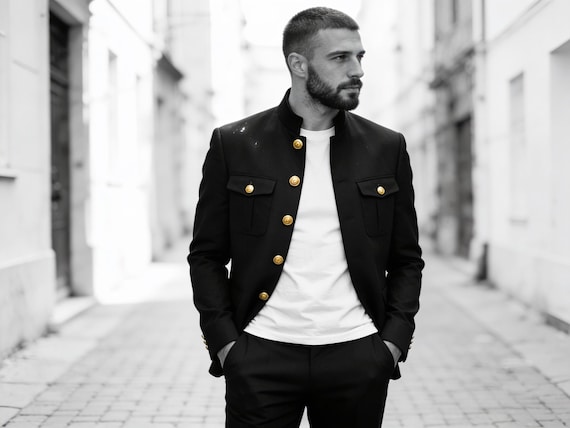 Stylish Black Men’s Safari Suit Set | Casual Round Neck Jacket & Pants | Bespoke Tailored Outfit