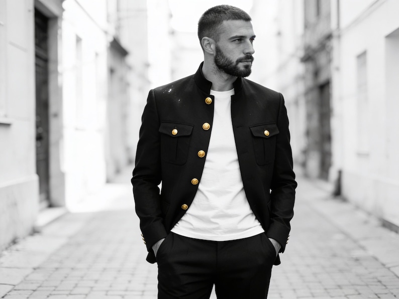 Men’s Black Safari Suit | Military Style Jacket & Pants Set | Gold Button Designer Outfit | Luxury Party & Wedding Wear