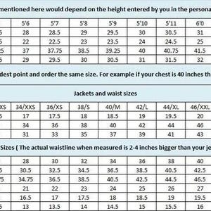 May include: A sizing chart for clothing featuring three tables with black text on a light blue background. The tables display measurements in inches for coat length, sleeve, pant outseam, inseam, shoulder, chest, stomach, waist, hip, thigh, knee, and bottom.