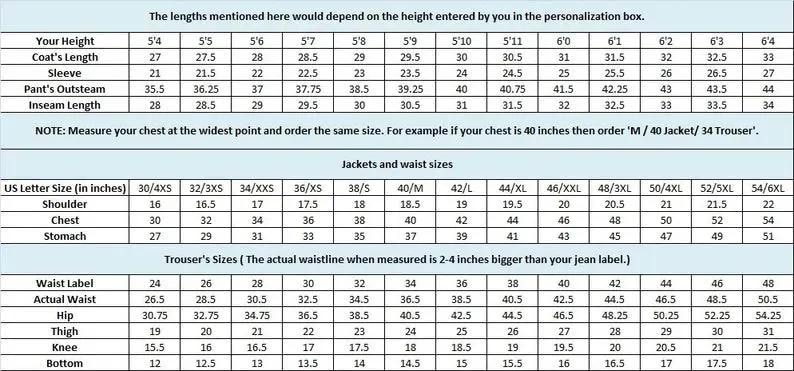 May include: A sizing chart for clothing featuring three tables with black text on a light blue background. The tables display measurements in inches for coat length, sleeve, pant outseam, inseam, shoulder, chest, stomach, waist, hip, thigh, knee, and bottom.