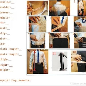 May include: A measurement guide for clothing featuring a numbered list from 1 to 15 with text labels like neckline, shoulder, sleeves, armhole, wrist, chest, belly, waist, hips, cloth length, pants length, thigh, height, weight, and special requirements.