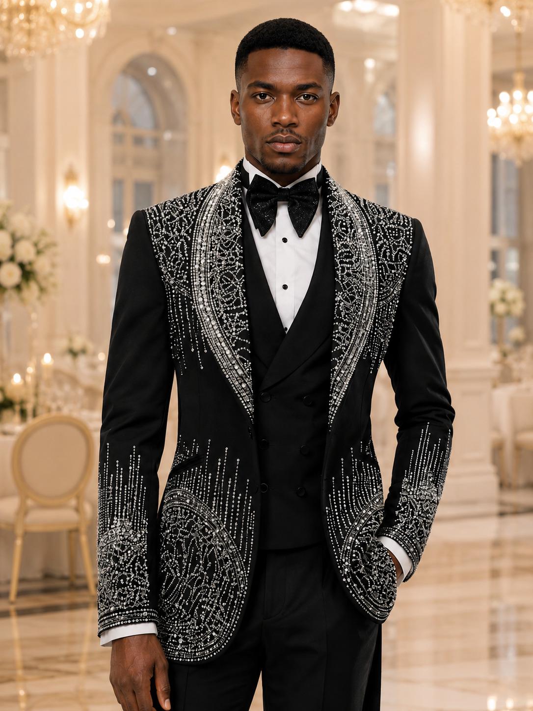 Men's Black Rhinestone Tuxedo Jacket, Crystal Embellished Blazer,…