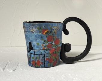 Handgeklemmter Jingdezhen Becher, handbemalte Keramik der schwarzen Katze, 400ml Steingut Flora Kaffeetasse