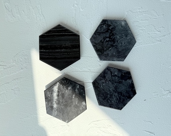Schwarzer Marmor Hexagon Untersetzer | Naturstein-Untersetzer, 4er-Set