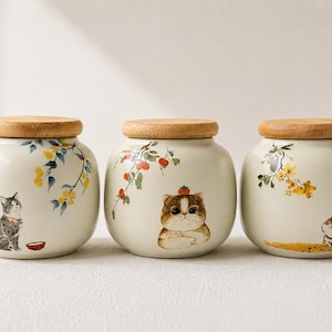 Set of 3 Ceramic Cat Tea Jars, 180ml Storage Caddies with Bamboo Lids