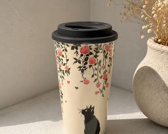 Schwarze Katze Blumenkeramik Reisebecher | Cottagecore Kaffeebecher (500 ml)