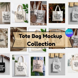 May include: A collection of tote bag mockups in various settings. The bags are in different colors, including black and beige, and feature the text "Your Design Here" in a stylish font. The image showcases the versatility of the tote bags.