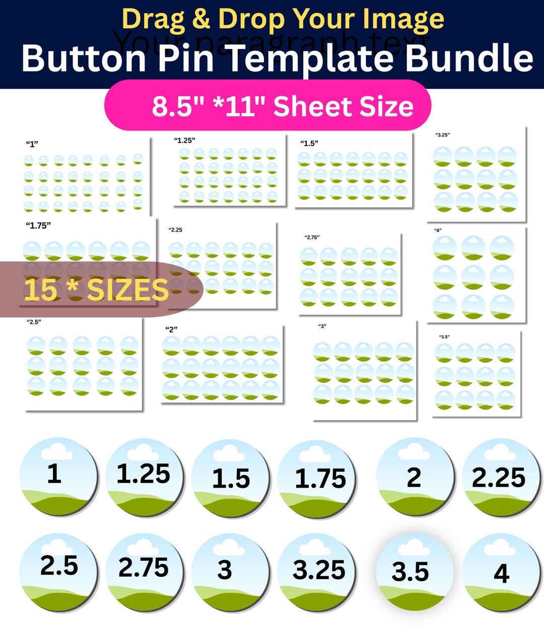 15x Editable Button Pin Template Bundle for Canva and Circuit,blank ...