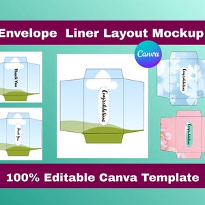 May include: An image showcasing envelope liner layout mockups. The design includes various templates with "Thank You" and "Congratulations" messages. The image also features the Canva logo and text that reads "100% Editable Canva Template."