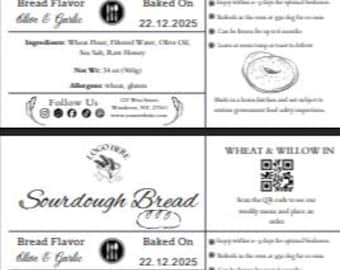 Redigerbar etikettmall för surdegsbröd 4 x 6 i Canva | Utskrivbar etikett och klistermärke för bagare, hantverksbröd, bondens marknader