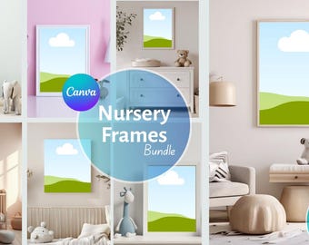 Paket med mockups för barnrumsramar, dra och släpp 8x10 Canva, mockups för väggkonst i barnrum med ramar
