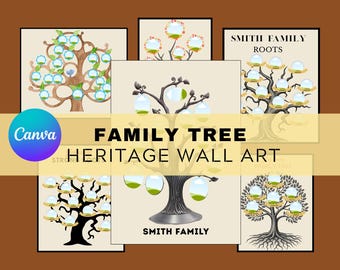 Designa ditt eget fotokollage med släktträd, Canva-mall med hjärtram, utskrivbart träd för återförening, rustik gästbok, gren med släktträd
