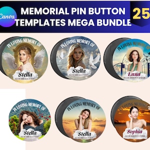Op de afbeelding: Een verzameling gedenkspeld sjablonen. Elke speld toont een portret, de tekst "In Loving Memory Of", een naam en data. De afbeelding bevat de tekst "MEMORIAL PIN BUTTON TEMPLATES MEGA BUNDLE".