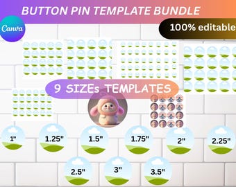 9x Knappnålsmallpaket för Canva | Redigerbar Pinback-knappmärkescirkel | 1–3 i dra-och-släpp-sublimering