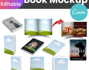 Canva bokomslagsmodeller, redigerbara mallar | Realistiskt set med inbunden och pocketbok | Direkt nedladdning