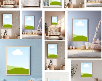 Paket för väggkonst för barnrum och gallerier, dra-och-släpp-mallar, DIN A-förhållande, mockups för babyrumsramar, digital nedladdning