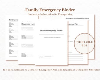Utskrivbar familje-nödpärm | Informationsorganisatör för hem och medicin i PDF-format