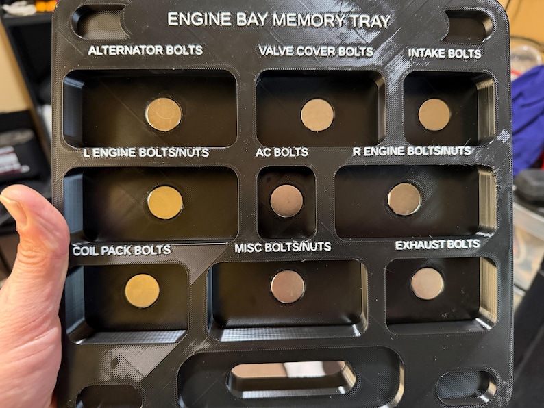 Engine Bay Memory Tray - 9 Compartment Labeled Magnetic Bolt Organizer