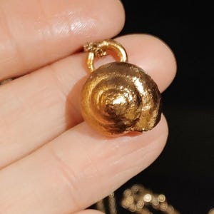 Puede incluir: Un colgante dorado con forma de concha de caracol. El colgante tiene un diseño en espiral y un lazo en la parte superior para una cadena. El fondo oscuro resalta los detalles del colgante.