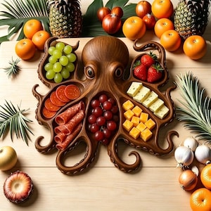 Handcrafted Animal Wooden Platter, Octopus Turtle Corgi Cat Christmas Tree Paw Print Serving Tray for Cheese Fruits Snacks,Unique Gift