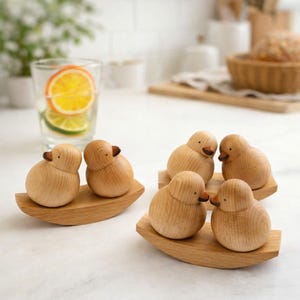 Handmade Wooden Bird Couple Figurines, Minimalist Wood Animal Sculpture, Scandinavian Desk Decor, Natural Wood Love Gift