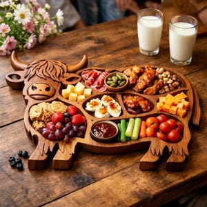 Handcarved Highland Cow Wooden Charcuterie Platter,Animal Serving Tray for Cheese Fruits Snacks, Unique Wood Board Gift for Kitchen & Dining
