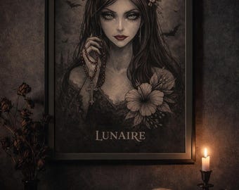 May include: A framed grayscale portrait of a woman with long dark hair, a floral crown, and a rosary. The word "LUNAIRE" is below the portrait. The image is displayed with a skull, books, and a candle holder.