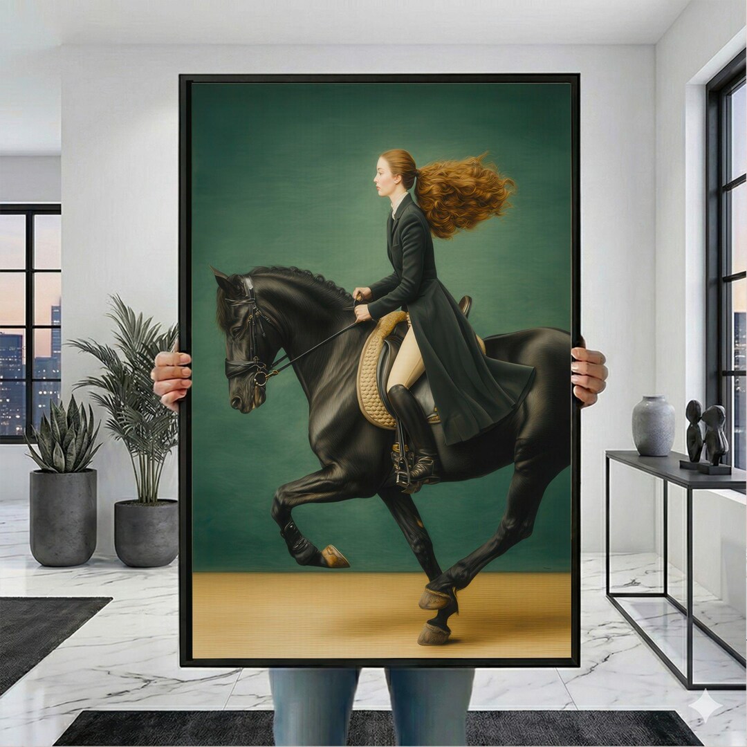 Victorian Equestrian Woman Wall Art Print, Black Horse Portrait ...