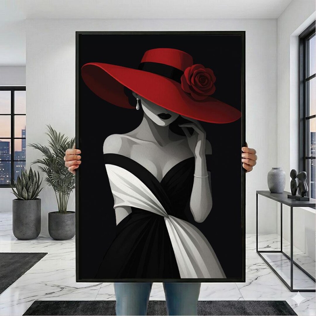 Elegant Woman in Red Hat Canvas Wall Art Print Modern Black and White ...