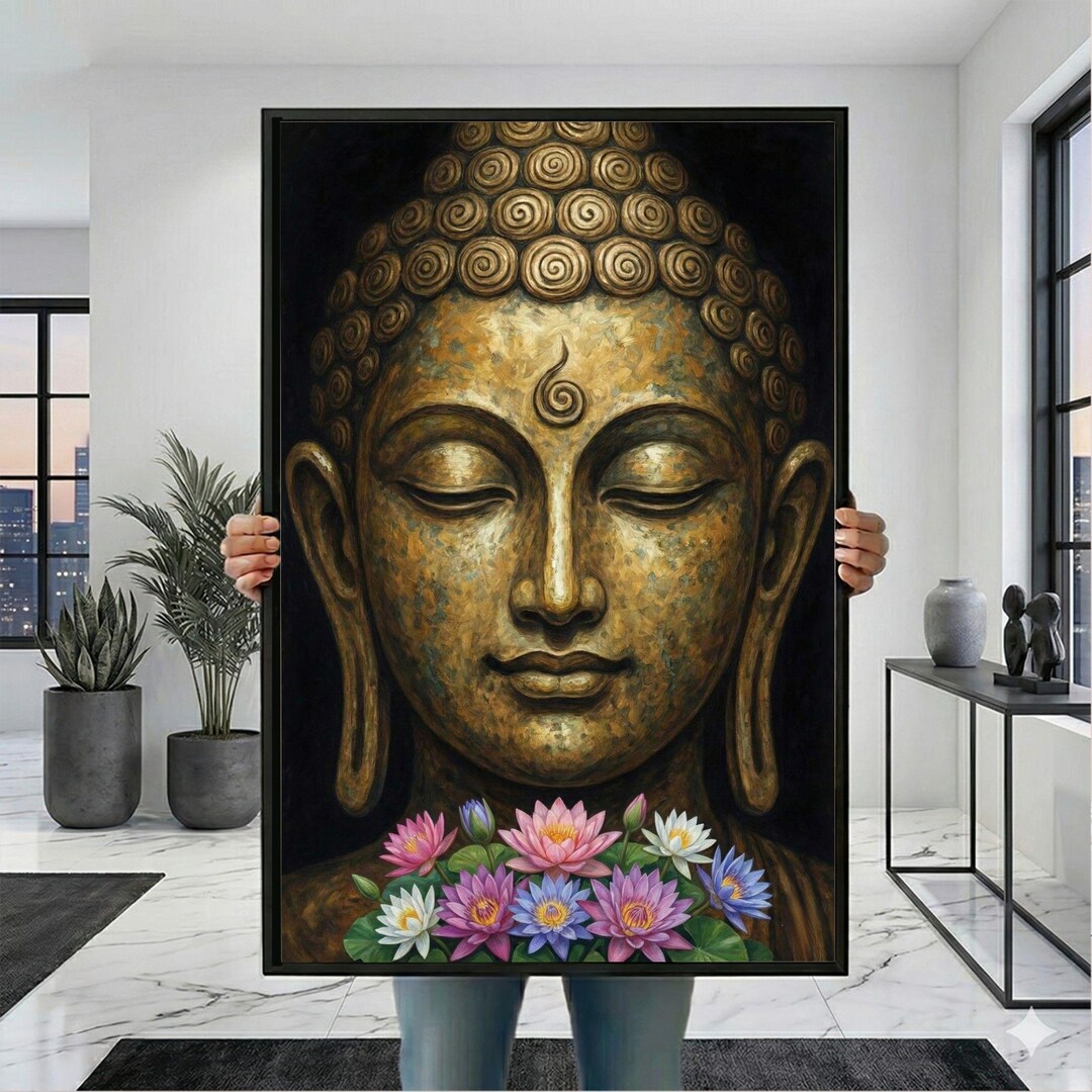 Buddha With Lotus Flowers Canvas Wall Art, Buddha Art Print, Christian ...