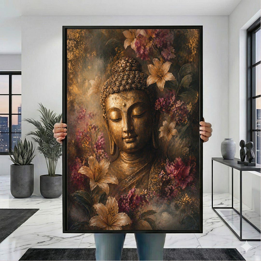 Buddha Meditation Golden Framed Wall Art, Floral Gold Canvas Print, Zen ...