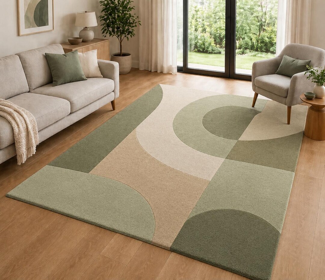 Modern Sage Green Hand Tufted Rug – Abstract Geometric Wool Area Rug ...