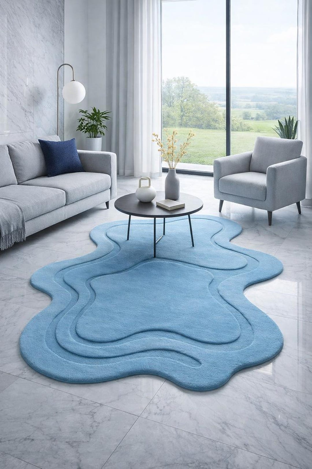 Hand Tufted Wool Rug Blue Abstract Organic Shape Modern Carpet for ...