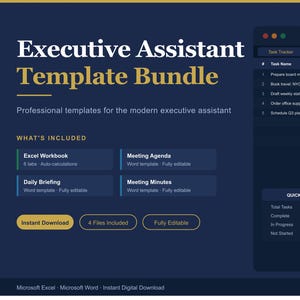 May include: A dark blue digital template bundle for executive assistants. The design includes a task tracker, meeting planner, and expense tracker. The bundle includes Excel workbooks, meeting agendas, daily briefings, and meeting minutes. The text reads "Executive Assistant Template Bundle."