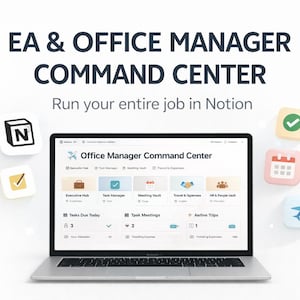 May include: A laptop displaying the "Office Manager Command Center" interface, with the text "EA & OFFICE MANAGER COMMAND CENTER" above. The screen shows various task management icons and information. Additional icons are scattered around the laptop.
