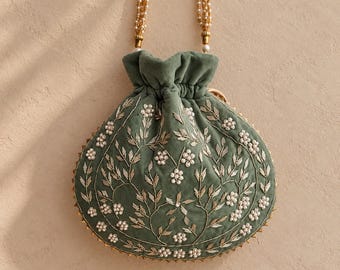 Sage Green  Velvet Potli Bag with Zardozi Floral Embroidery, Pearl Handle, Indian Bridal Drawstring Pouch, Ethnic Wedding, Festive Party