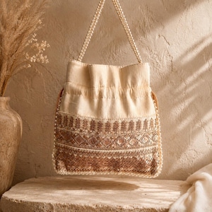 Soft Beige Embroidered Potli Bag | Handmade Indian Wedding Clutch | Bridal Party Bag | Ethnic Festival, Event Gifting Pouch Bag for Women