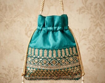Teal Blue Zari Embroidered Potli Bag | Handmade Indian Wedding Clutch | Bridal Party Bag | Ethnic Festival, Event Gifting Pouch Bag