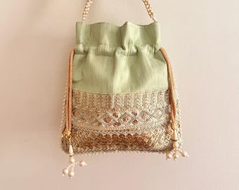 Mint Green Embroidered Potli Bag | Handmade Indian Wedding Clutch | Bridal Party Bag | Ethnic Festival, Event Gifting Pouch Bag for Women