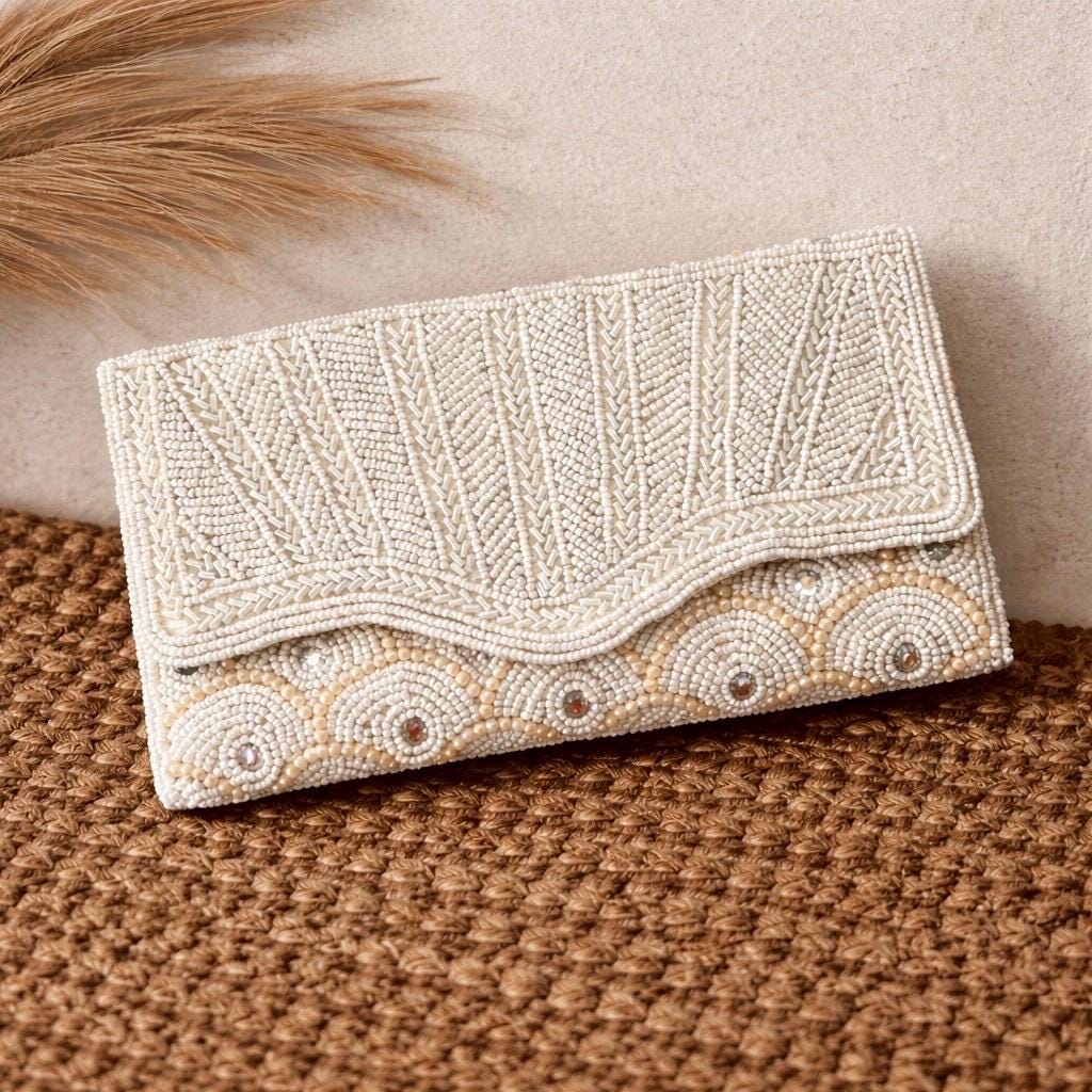 Elegant Bridal Beaded Clutch Floral Beads Work Handbag