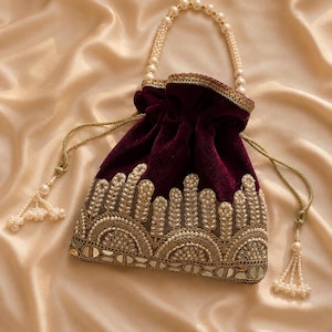 Burgundy Velvet Potli Bag, Pearl Handle Bridal Clutch, Zardozi Embroidered Wedding Purse, Indian Ethnic Potli, Bridesmaid Gift