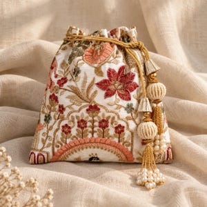 May include: A white drawstring pouch featuring intricate floral embroidery in shades of red, peach, and gold. The bag is cinched with a gold cord adorned with decorative tassels, featuring cream-colored beads and small white pearls at the ends.