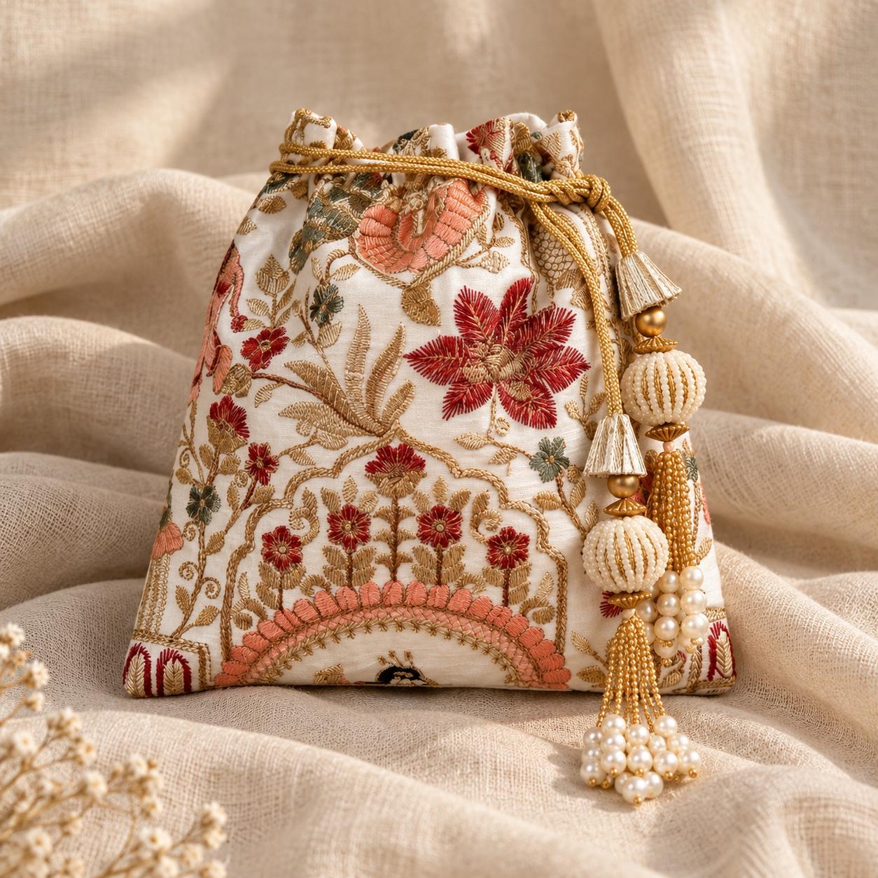 Soft Ivory Embroidered Pouch Bag Elegant Potli for Weddings & Festive Occasions Ethnic Bridal Wear Bag with Tassels and Pearl Handle