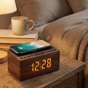 May include: A wooden alarm clock with a digital display showing 12:28 AM. A smartphone rests on top of the clock, which is on a nightstand. A lamp and a mug are in the background.