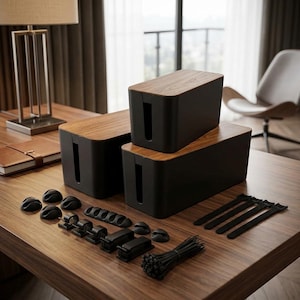 May include: Black cable management boxes with wood-grain lids are stacked on a wooden desk. Various black cable organizers, clips, and ties are arranged nearby. The scene is lit by a desk lamp.
