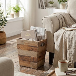 Rustic Reclaimed Wood Trash Can with Metal Handles - Small Farmhouse Waste Basket, Vintage Rectangular Garbage Bin for Office, 3 Colors